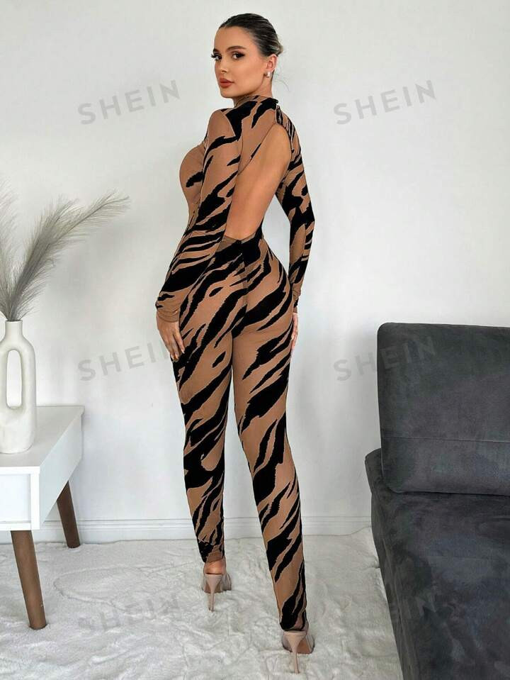 SHEIN SXY See-Through Animal Print Contrasting Half Turtleneck Long-Sleeved Bodysuit Sexy Spring ... | SHEIN