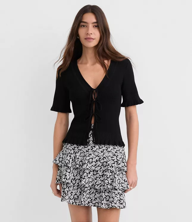 Ruffle Pointelle Bow Cardigan | LOFT