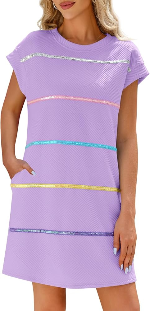 Wenrine Womens Textured T Shirt Dress Short Sleeve Summer Casual Sequin Stripe Mini Dresses | Amazon (US)