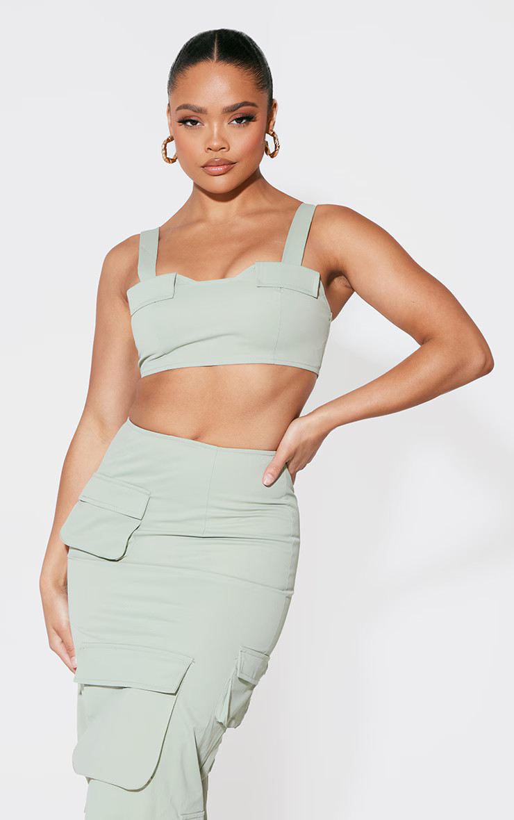 Sage Khaki Pocket Front Detail Bralet | PrettyLittleThing US