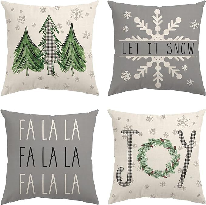 Christmas Pillow Covers 18x18 Set of 4 Farmhouse Christmas Decorations Merry Tree Joy Let It Snow... | Amazon (US)