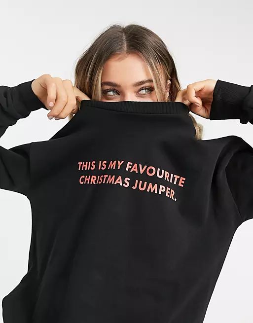 ASOS DESIGN Christmas sweatshirt with 'favourite jumper' print in black | ASOS (Global)