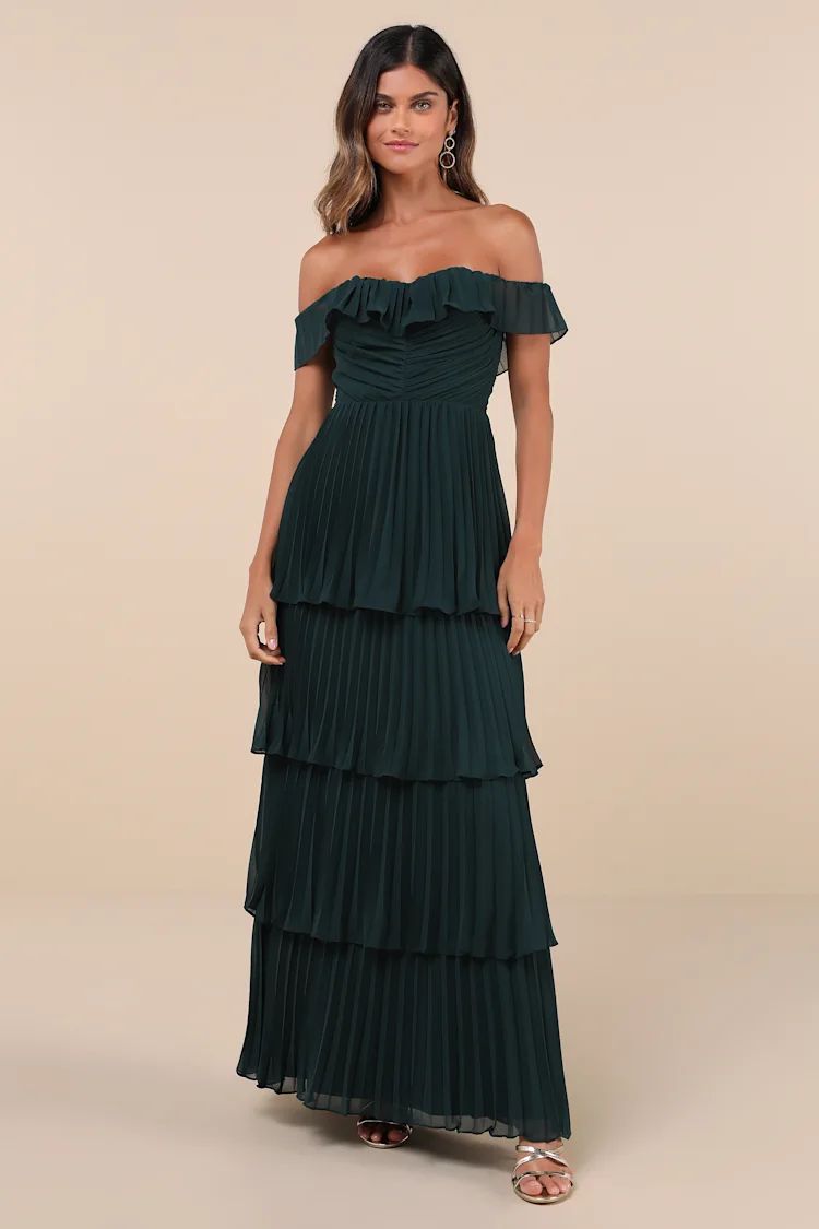 Always Remarkable Emerald Pleated Off-the-Shoulder Maxi Dress | Lulus