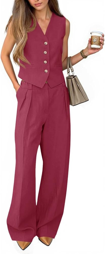 Cicy Bell Women's 2 Piece Outfits V Neck Pants Sets Crop Vest Blazer and Wide Leg Suit | Amazon (US)