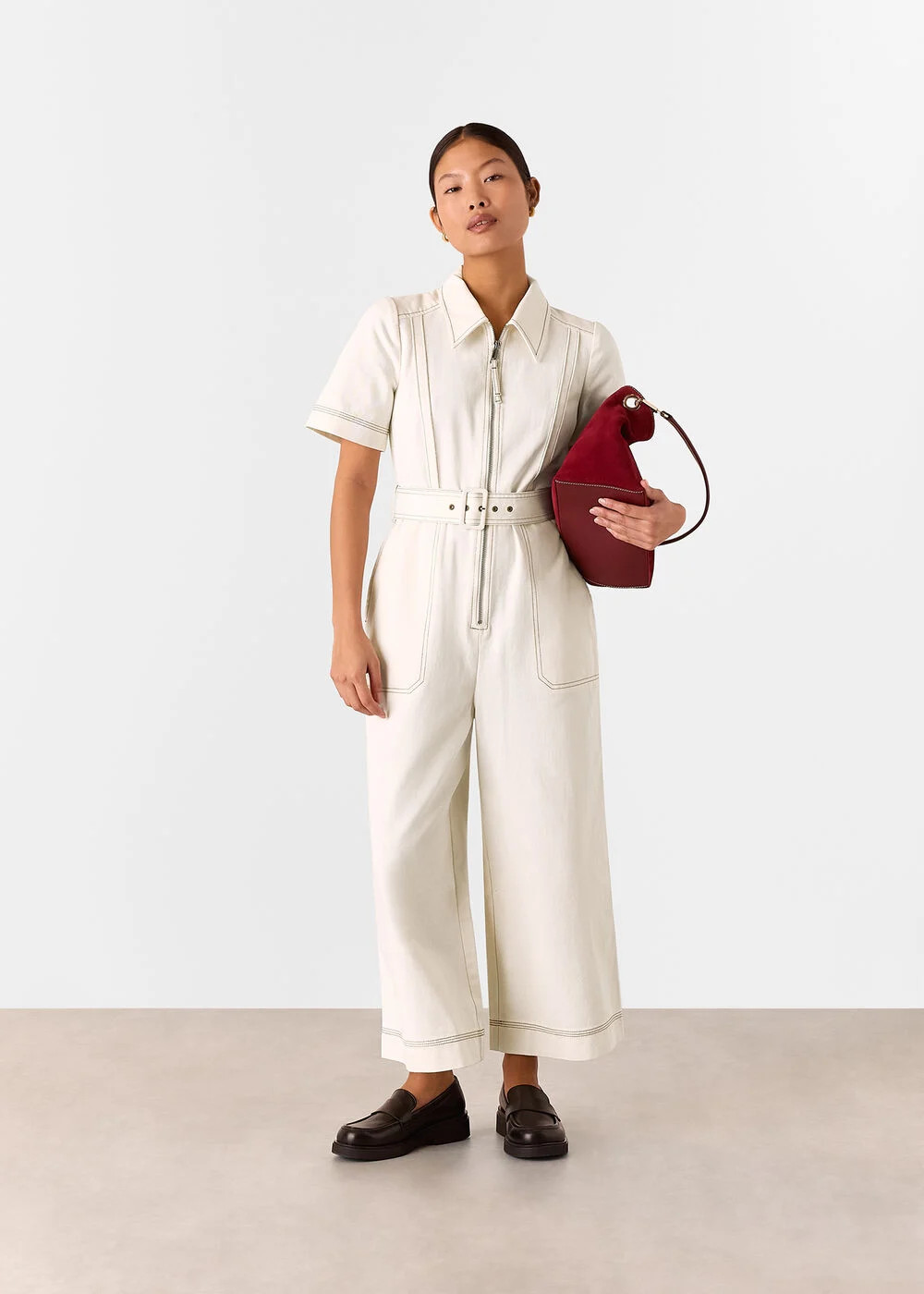Ivory Denim Pintuck Belted Jumpsuit | WHISTLES | Whistles UK | | Whistles