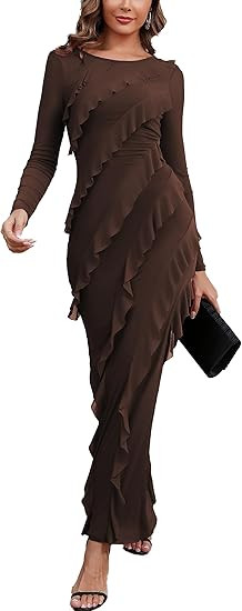 Capuffy Womens Long Sleeves Backless Maxi Dress Mesh Tassel Ruffle Side Split Bodycon Evening Par... | Amazon (US)