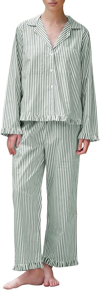 Flygo Womens Striped Pajama Sets 2 Piece Cotton Lounge Sets Button Down Top Straight Leg Pants wi... | Amazon (US)