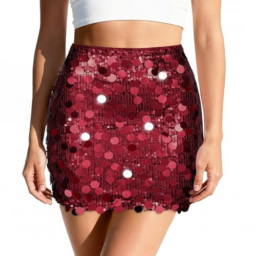 Nexxion Sequin Skirt for Women Sparkly Sexy Mini Skirt Stretchy Bodycon Glitter Skirts Night Out Party,Burgundy,L | Amazon (US)