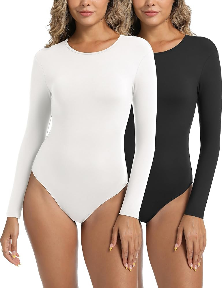 Foucome Bodysuits for Women Crew Neck Long Sleeve Body Suits Shirt Basic Slim Fitted Tops | Amazon (US)
