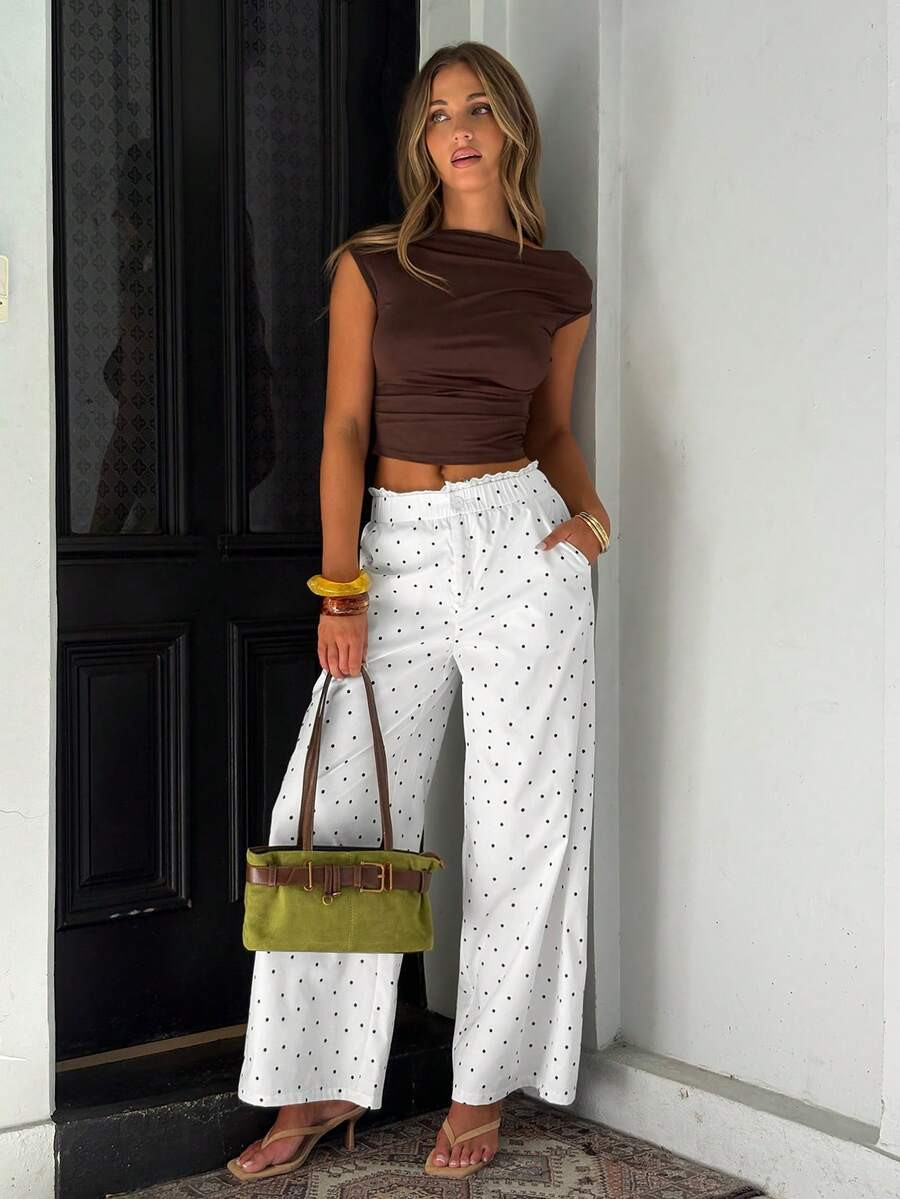 MainGRL White Polka Dot Lantern Pants With Cute Ruffle Design, Suitable For Ladies' Casual, Datin... | SHEIN