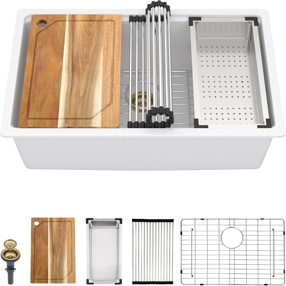 White kitchen Sink - 30 Inch Granite Composite Kitchen Sink Undermount Workstation White Quartz S... | Amazon (US)