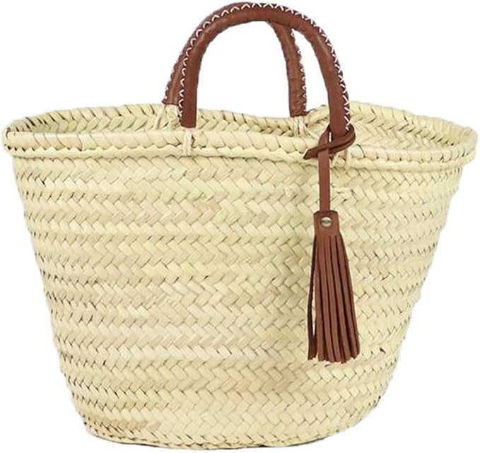 ArtOuarzazate Moroccan market basket, French Basket, straw bag with leather handles, beach bag, s... | Amazon (US)