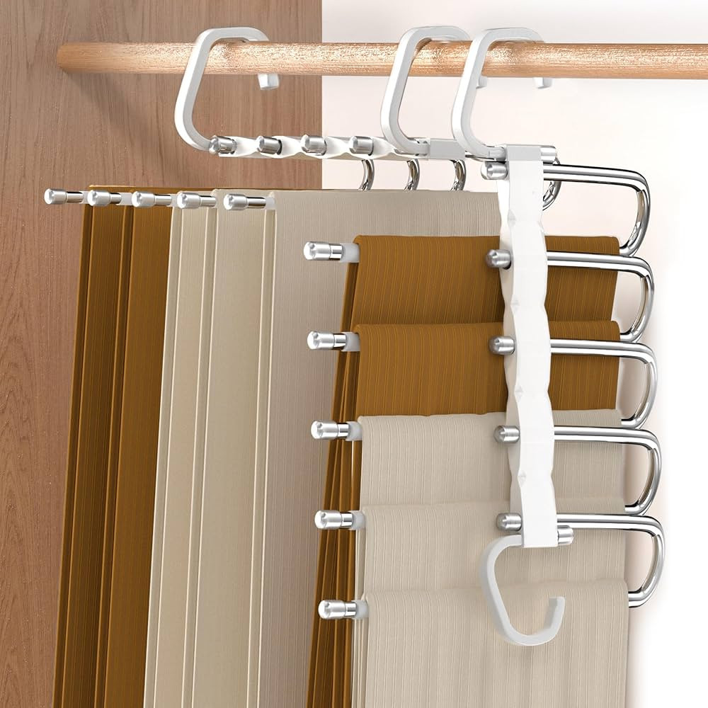 Pant Hangers Space Saving for Jeans - No Wrinkle, Stainless Steel Metal Hanger with Plastic Hook ... | Amazon (US)