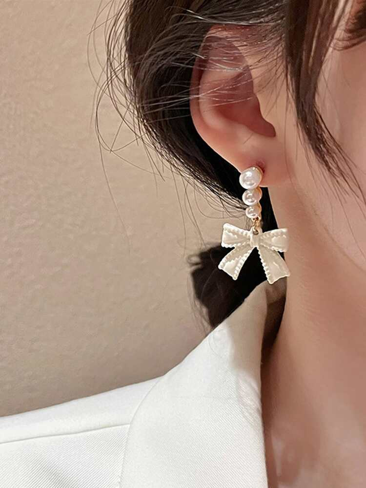 Faux Pearl & Bow Drop Earrings | SHEIN
