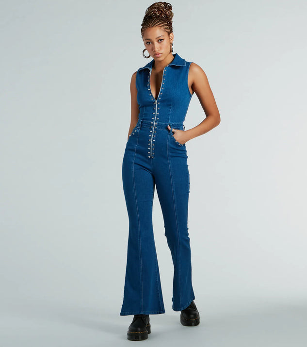 Retro Attitude Studded Flared-Leg Denim Jumpsuit | Windsor Stores