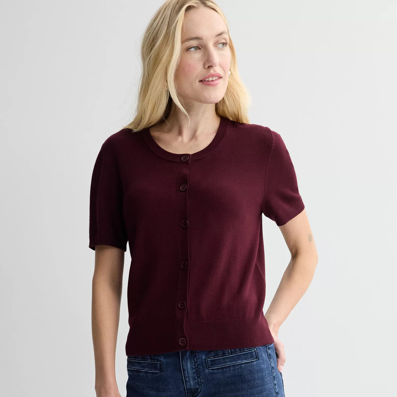 Women's Nine West Jersey Short Sleeve Cardigan, Size: XS, Emma Purple | Kohl's
