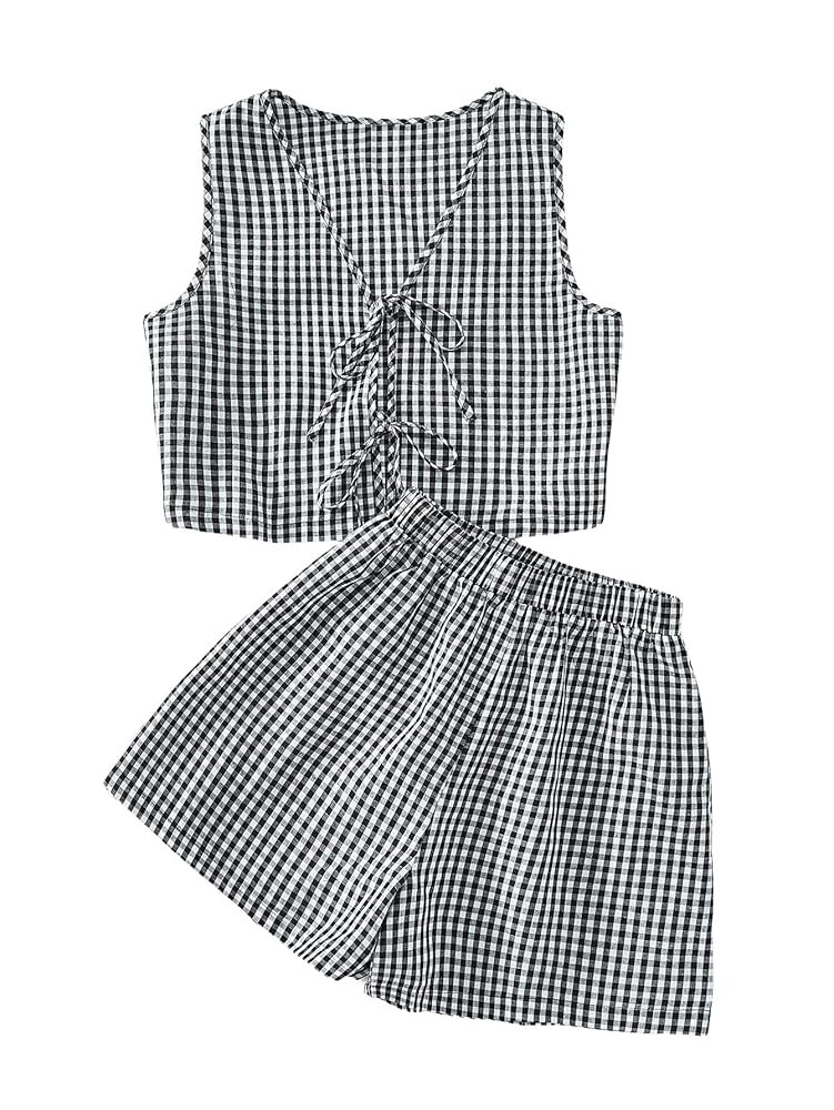 SOLY HUX Women's Summer 2 Piece Outfits Plaid Print Sleeveless Tie Front Tank Top Vest Shorts Bea... | Amazon (US)
