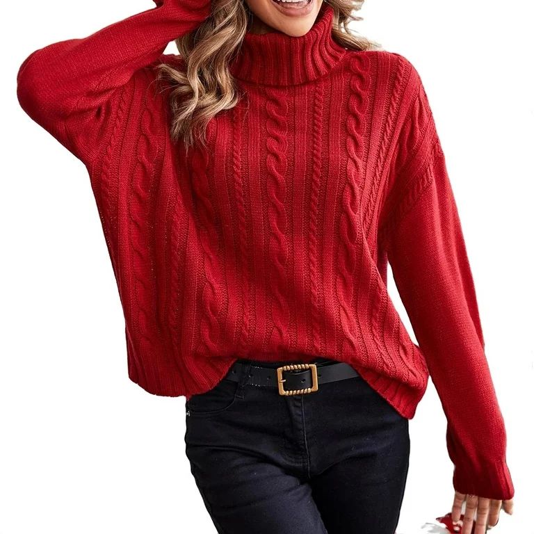 Casual Plain High Neck Pullovers Long Sleeve Red Women's Sweaters (Women's) - Walmart.com | Walmart (US)