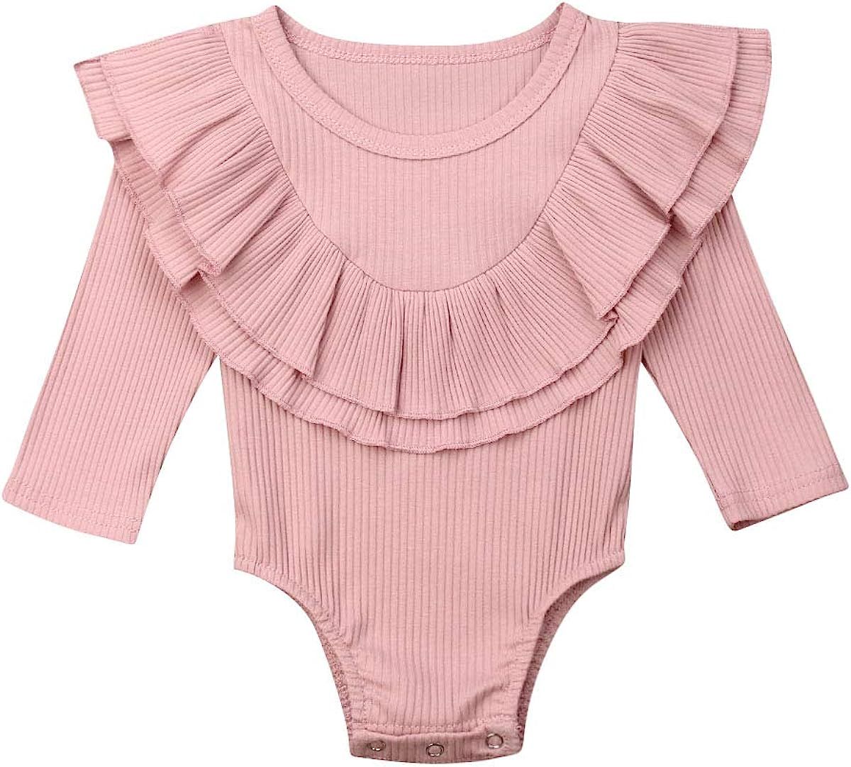Toddler Baby Girls Ruffled Long Sleeve Cotton Solid Romper Bodysuit Jumpsuit Outfits Clothes | Amazon (US)