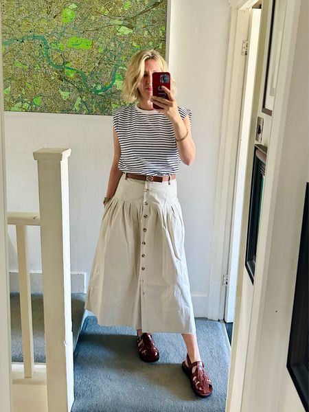 Summer skirt look. Stripe t shirt, albaray midi skirt, Fisherman’s sandals. 

#LTKsummer #LTKstyletip #LTKuk
