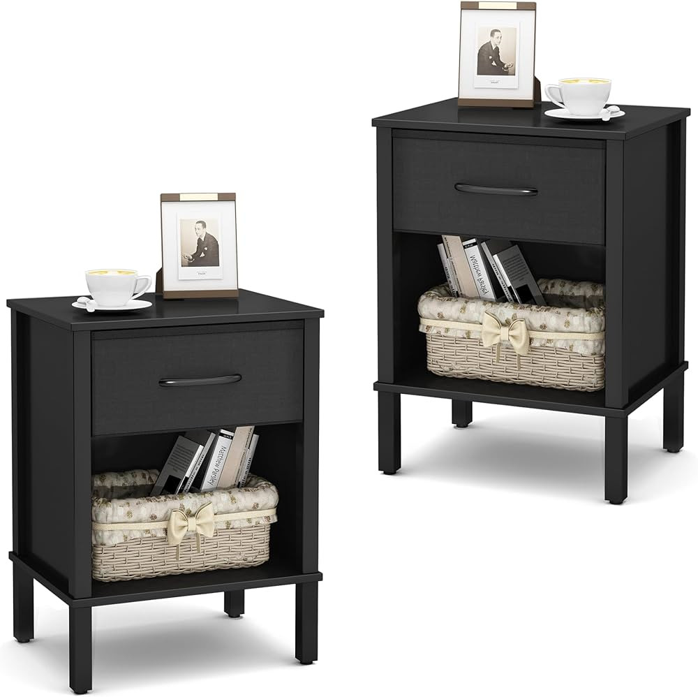 Small Nightstand Set of 2,Black Nightstand with Fabric Drawers, Bed Side Table, End Table, Modern... | Amazon (US)