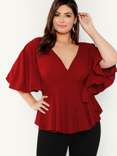 SHEIN Plus Flutter Sleeve Surplice Wrap Knot Top | SHEIN