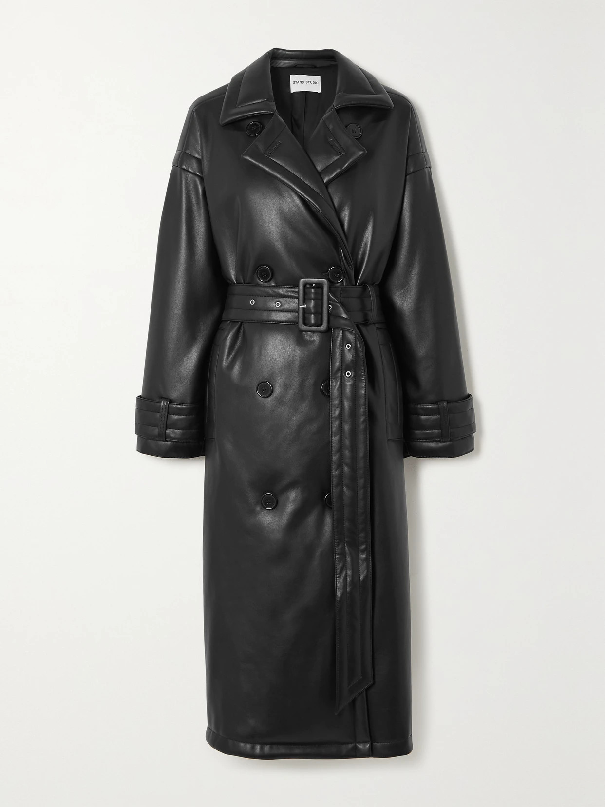 Stand Studio - Emily Belted Padded Faux Leather Trench Coat - Black | NET-A-PORTER (US)