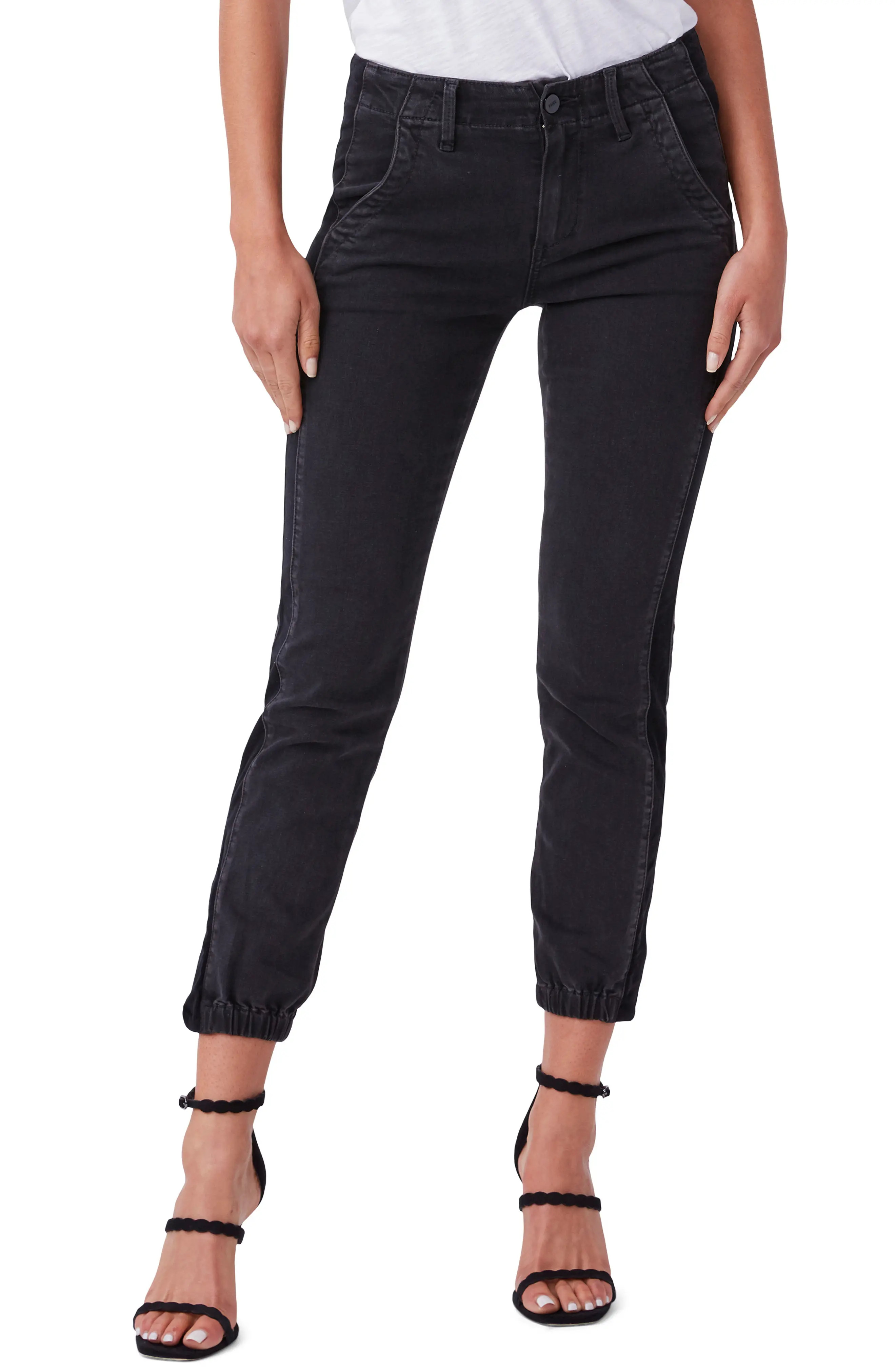 PAIGE Mayslie Velvet Side Stripe Denim Joggers, Size 30 in Faded Black/black Velvet at Nordstrom | Nordstrom