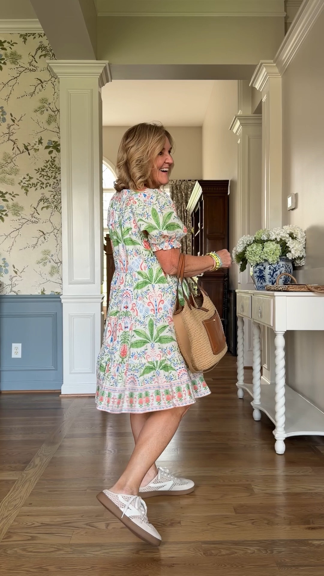 Size medium in this cute baby doll dress 
I love this print  
20% off the bracelets code NANETTE20
10% off Eric javits code NANETTE 

#LTKSaleAlert #LTKOver40 #LTKSeasonal