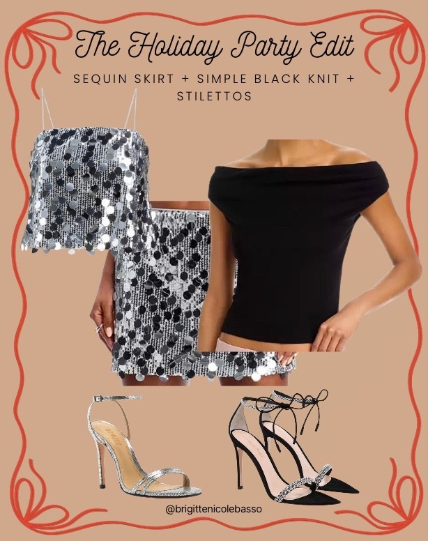 This chic holiday party outfit features a sparkly sequin mini skirt paired with a simple black off-the-shoulder knit top and sleek stiletto heels for the perfect balance of glam and timeless. The sequin skirt adds festive shine while the fitted black knit keeps the look clean, classy, and elevated. Perfect for Christmas parties, holiday dinners, cocktail events, New Year’s Eve, bachelorette parties, and winter celebrations. This outfit is ideal for anyone searching for a sparkly holiday outfit, classy party look, or chic night-out outfit for winter.

#LTKHoliday #LTKGiftGuide #LTKootd