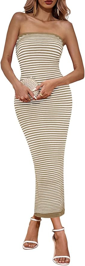 Wenrine Womens Strapless Bodycon Maxi Dress Summer Striped Sleeveless Knit Casual Tube Tops Cockt... | Amazon (US)