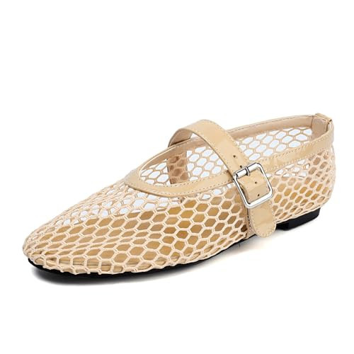 Women Mesh Ballet Flats Shoes,Cute Round Toe Fishnet Buckle Strap Mary Jane Shoes,Fashion Comfy Casual Daily Dress Ballerina Shoes,Apricot,4.5 UK | Amazon (UK)