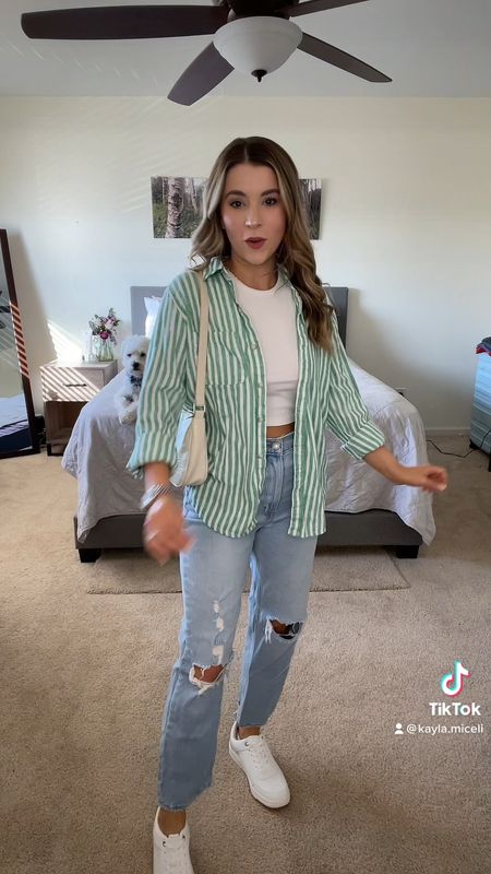 Casual spring outfit
Running errands outfit 

XS in the green striped linen shirt
Small in the cropped white tank
Abercrombie jeans run tts wearing 26 short
White sneakers run tts

#LTKshoecrush #LTKstyletip #LTKunder50