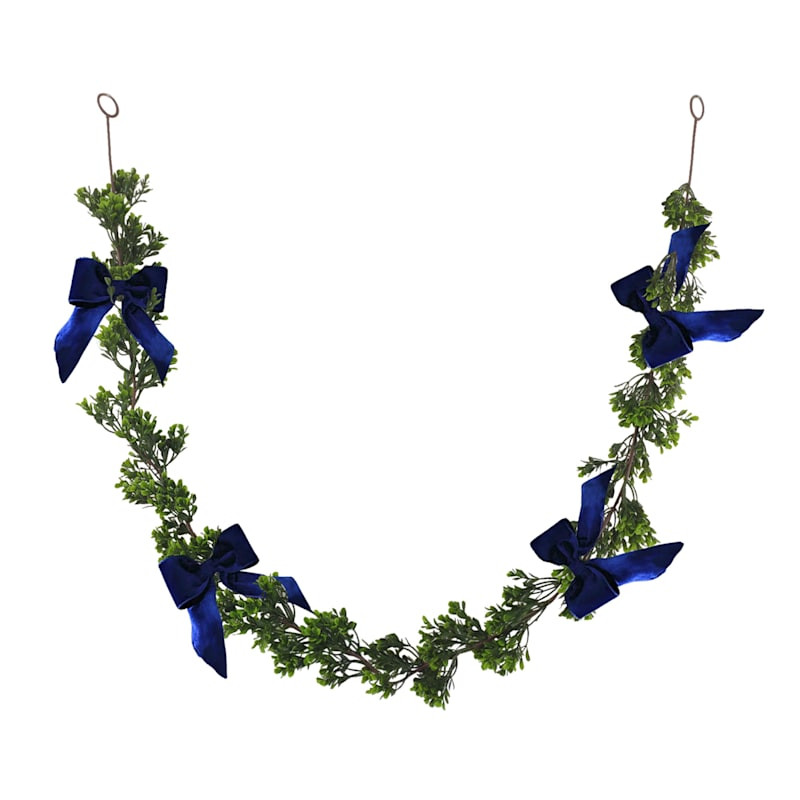 Boxwood Garland with Blue Ribbon, 6' | At Home