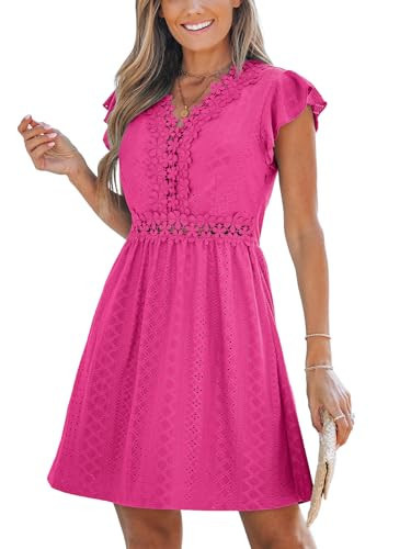 CUPSHE Womens Summer Dresses Casual Spring V Neck Lace Cap Sleeves Hollow Out Sundress Beach Vacation Mini Dress Hot Pink, S | Amazon (US)