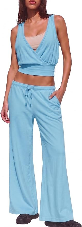 Gnveub Womens 2 Piece Sets Summer V Neck Sleeveless Top and Wide Leg Pants with Pockets | Amazon (US)