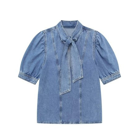 Women Summer Fashion Bow Decorated Denim Vintage Shirt Casual Short Sleeve Design Female Retro Elegant Chic Blouse | Walmart (US)