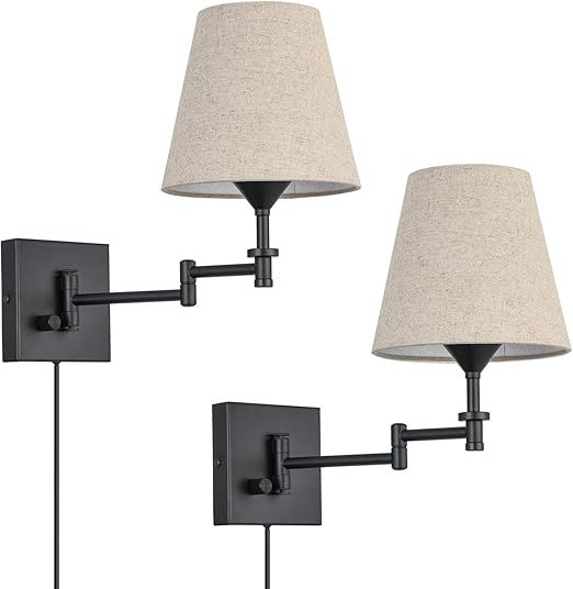 Pauwer Plug in Wall Sconce Set of 2 Adjustable Swing Arm Wall Lamps for Bedroom Beige Fabric Shad... | Amazon (US)