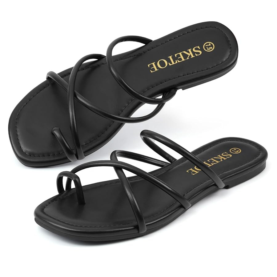 Strappy Sandals for Women Square Open Toe Flip Flops Comfortable Flat Sandals Toe Ring Thong Sand... | Amazon (US)