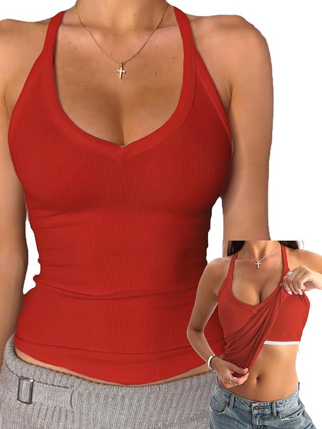 Danysu V Neck Cotton Tank Tops with Built-in Shelf Bra Sleeveless Racerback Fitted Basic Cami Shi... | Amazon (US)