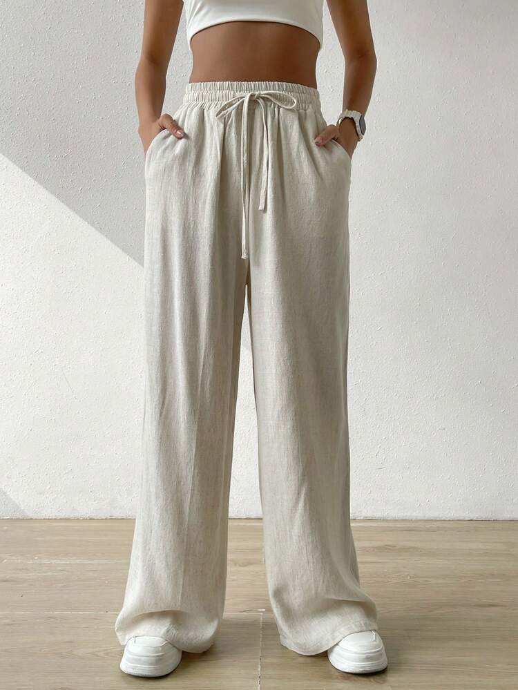 SHEIN EZwear Drawstring Waist Wide Leg Pants | SHEIN