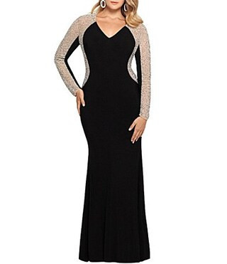 Xscape Plus Size Long Sleeve V-Neck Crystal Beaded Gown - 20W | Dillard's