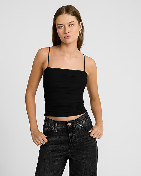 Mesh Square Neck Ruched Cropped Cami | Express