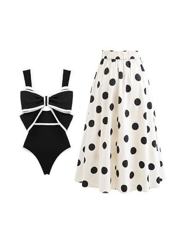 FLAXMAKER Black and White Swimsuit Bow-tie Decor Women's Polka dot Print Skirt One Piece Bathing Suit with Skirt(Black,S) | Amazon (US)