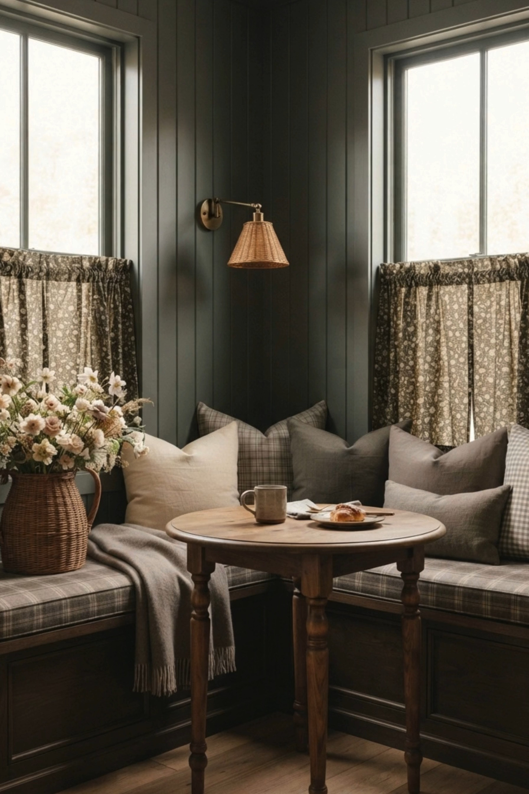 Cozy Breakfast Nook 🤎 This charming dining nook blends English cottage style, modern farmhouse warmth, and moody organic interiors with deep charcoal paneled walls, built-in banquette seating, plaid cushions, floral café curtains, and a warm wood pedestal table. Layered neutral pillows, a woven wall sconce, vintage-inspired textiles, a wicker pitcher filled with soft florals, and natural wood tones create an intimate collected look perfect for slow mornings, coffee corners, and cozy fall home inspiration.

🖤 If you want to see more content like this, FOLLOW maeveandmodern on LTK, Instagram, and Pinterest! Check out our blog where we post daily, maeveandmodern.com!

Cozy Breakfast Nook | Breakfast Nook Ideas | English Cottage Decor | Cottage Kitchen Inspiration | Moody Interior Design | Modern Farmhouse Decor | Built In Banquette | Banquette Seating | Kitchen Nook | Dining Nook Ideas | Cafe Curtains | Floral Cafe Curtains | Plaid Cushions | Neutral Throw Pillows | Charcoal Walls | Dark Wall Paneling | Wood Pedestal Table | Woven Wall Sconce | Wicker Decor | Vintage Inspired Decor | Cottagecore Home | English Country Style | Small Dining Space | Cozy Kitchen Decor | Fall Home Decor | Warm Neutral Interiors | Collected Home Style | Organic Modern Decor | Cottage Dining Room | Cozy Home Inspiration

#LTKHome #LTKSaleAlert #LTKSeasonal