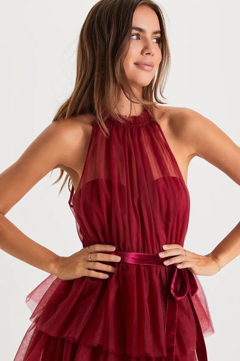 Wondrous Glamour Wine Red Tulle Tiered Halter Midi Dress | Lulus (US)