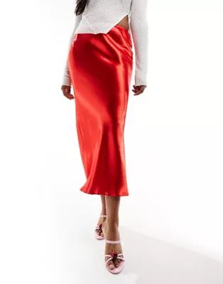 ASOS DESIGN high shine bias midi skirt in red | ASOS | ASOS (Global)