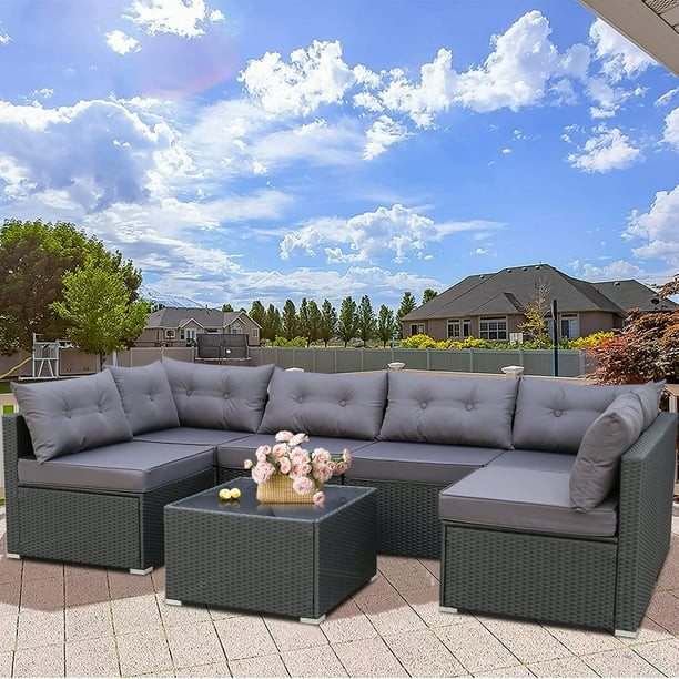 7 Piece Rattan Sectional Sofa Set, Outdoor Conversation Set, All-Weather Wicker with Cushions & C... | Walmart (US)