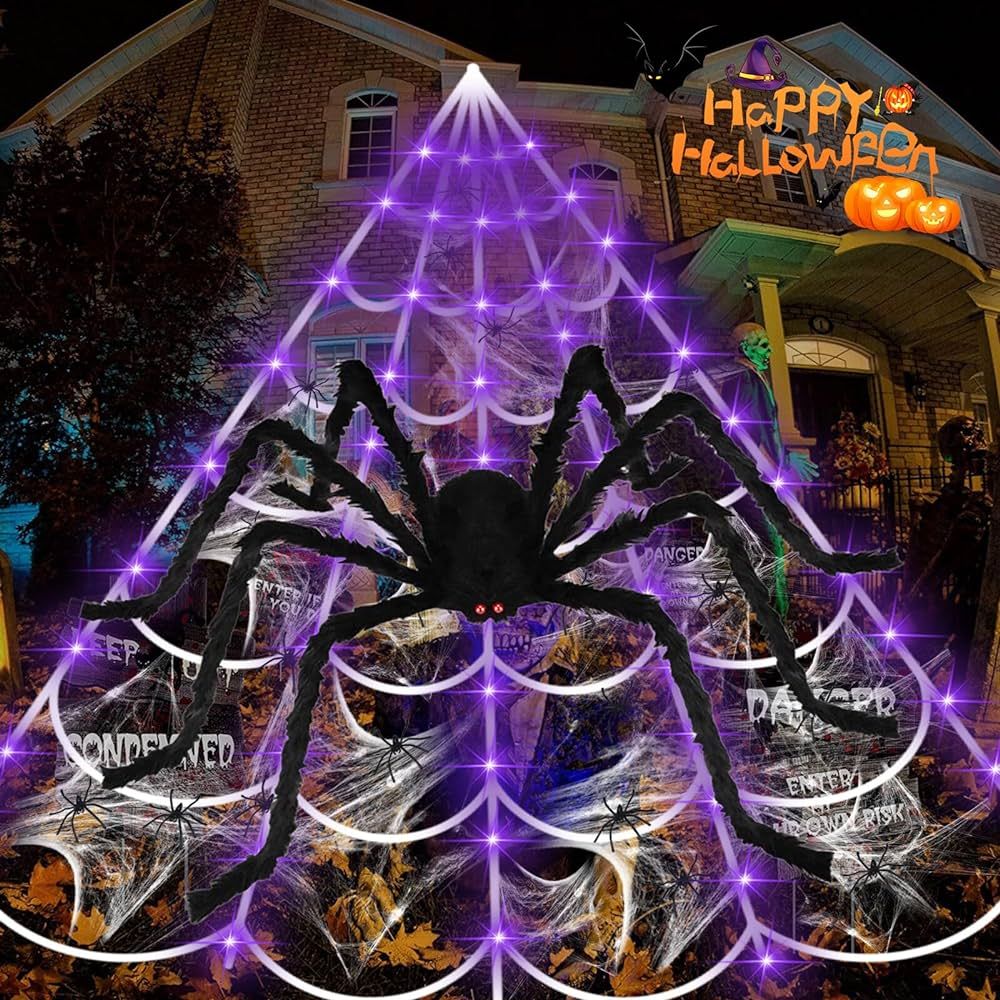 MACTING Halloween Spider Web Decorations Outdoor, 16.4FT Giant Spider Web Lights & 79" Large Spid... | Amazon (US)