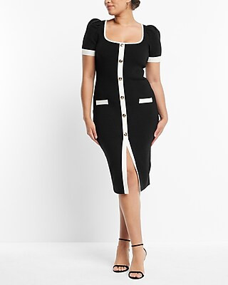 Scoop Neck Puff Sleeve Novelty Button Tipped Midi Sweater Dress | Express